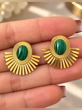 Gold Sunburst Green Stone Statement Earrings